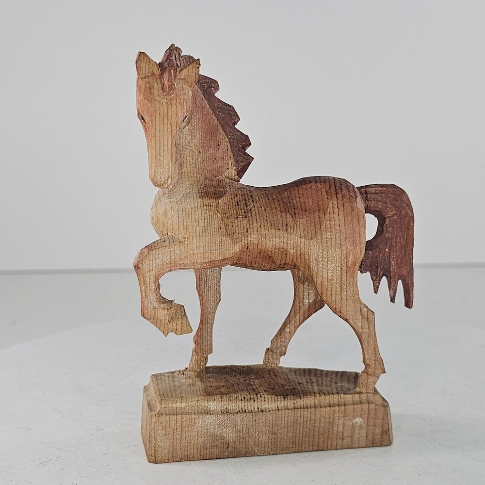 Hand-Carved Wooden Horse Figurine On Base Folk Art *Repaired* - Picture 2 of 9